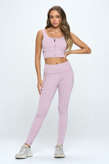 Rumi Zip Up Crop Sports Tank Top and Leggings Set