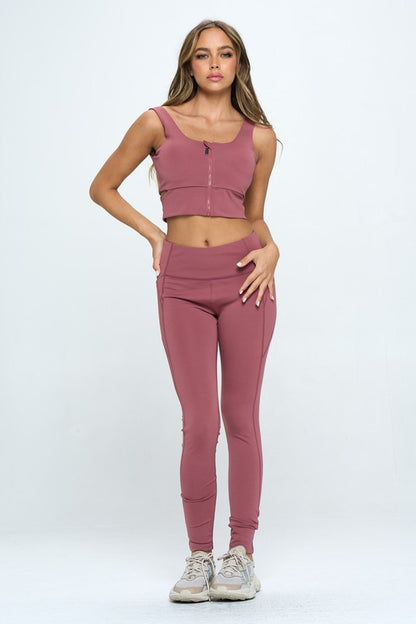 Rumi Zip Up Crop Sports Tank Top and Leggings Set