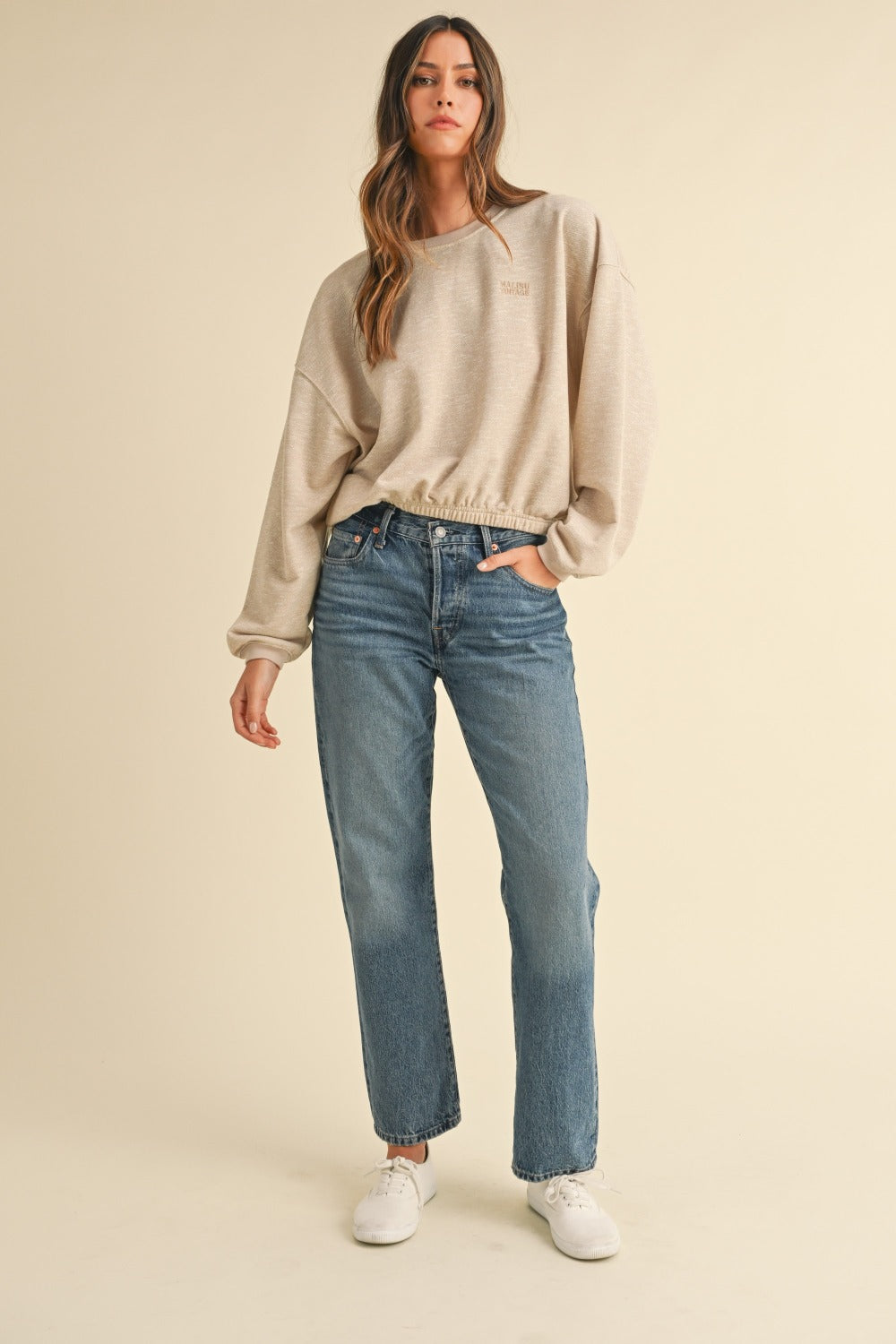 Malibu Vintage Embroidery Crop Sweatshirt in Taupe