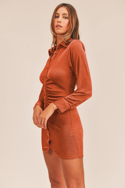 Everly Ruched Mini Shirt Dress in Brick