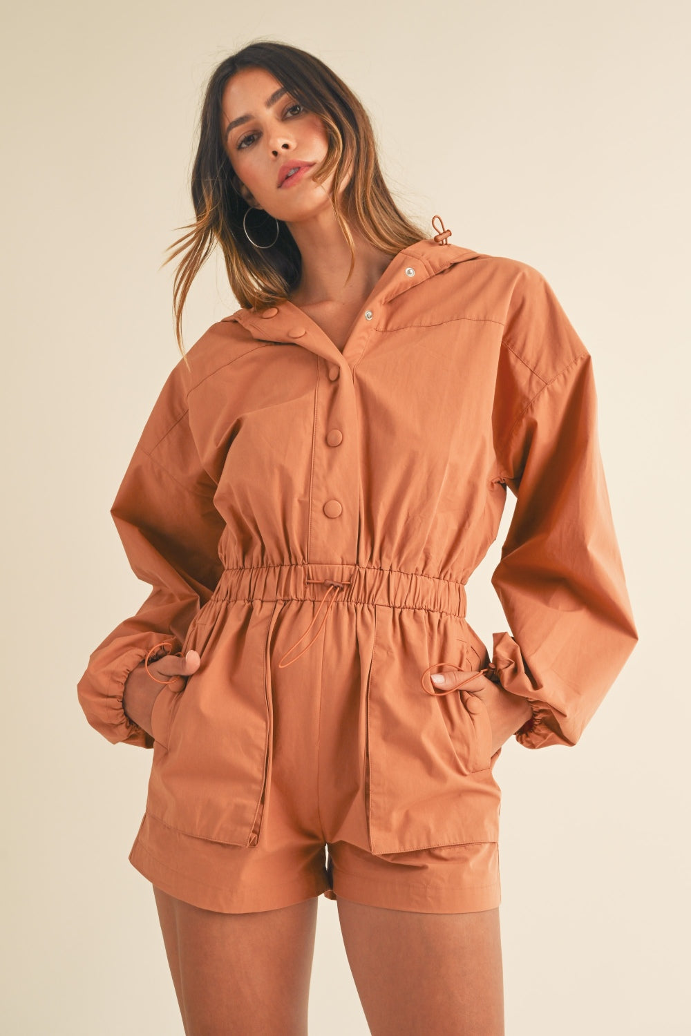 Hannah Snap Down Long Sleeve Hooded Romper