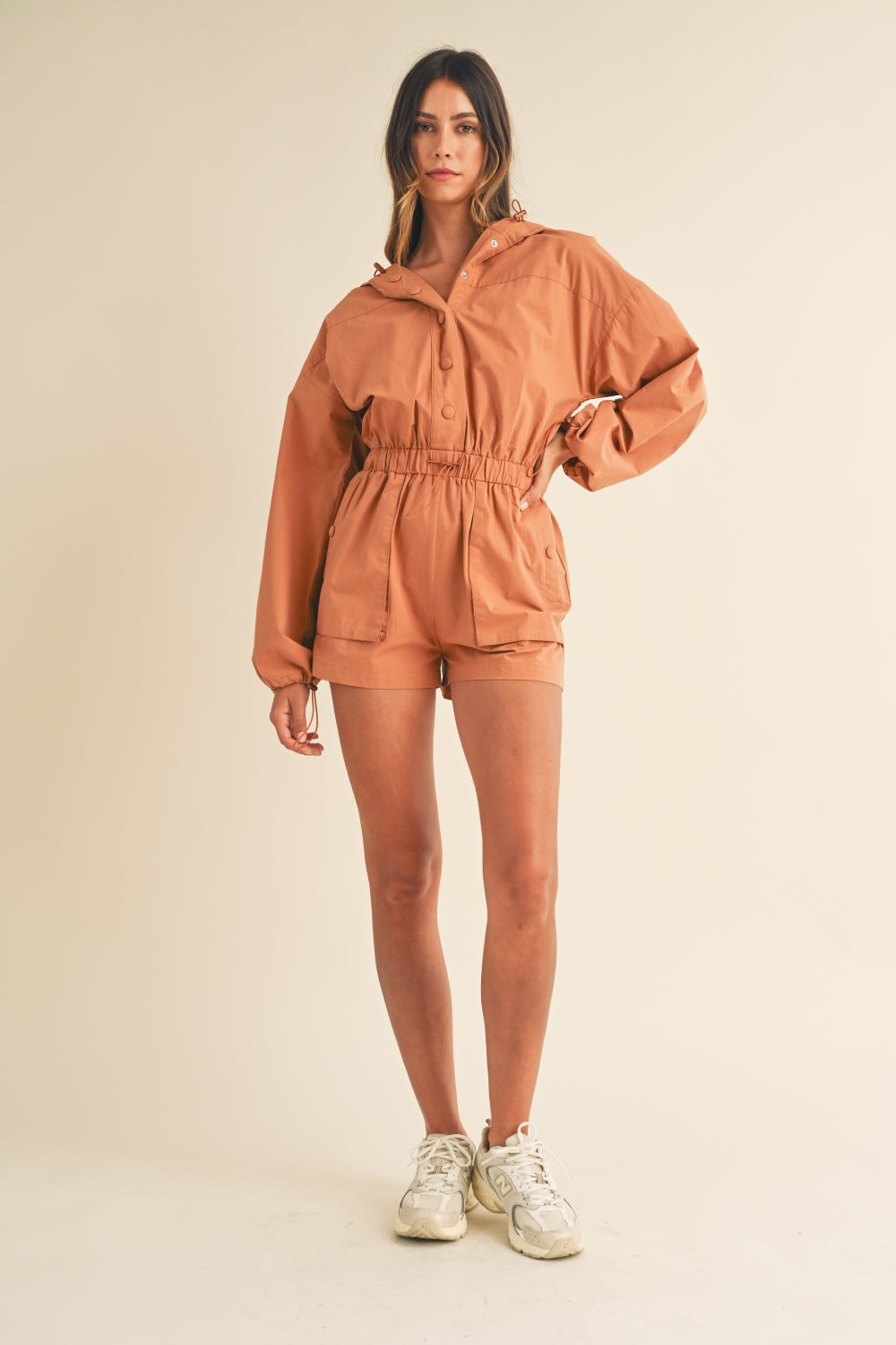 Hannah Snap Down Long Sleeve Hooded Romper