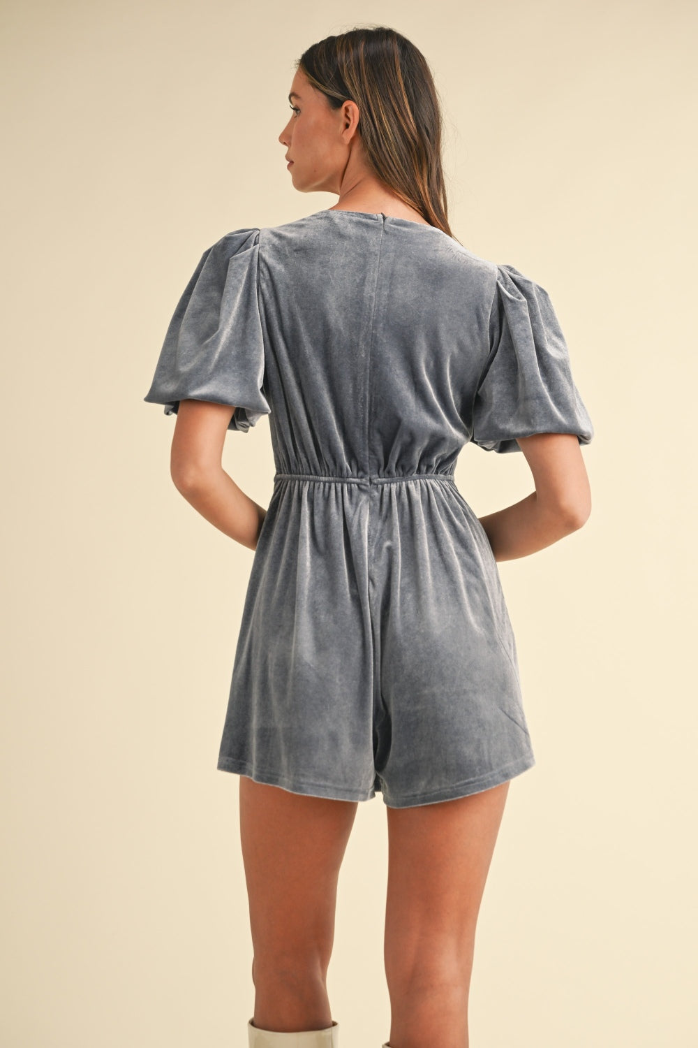 Gemma Jewel Bow Decor Puff Sleeve Velvet Romper