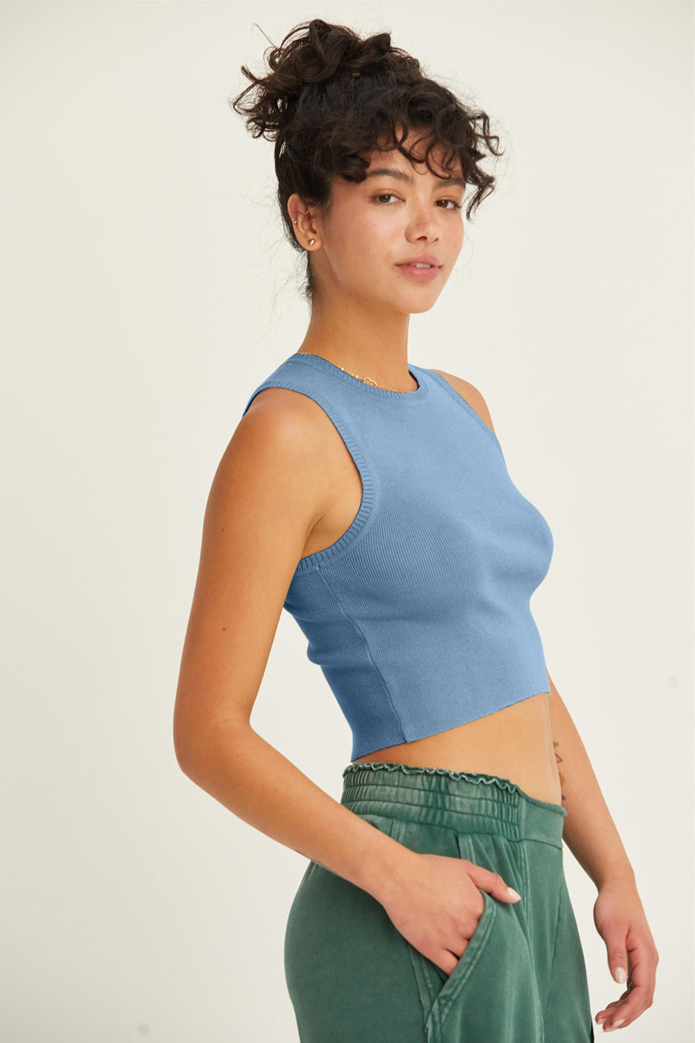 Fallon Ribbed Knit Cropped Tank in Grey Blue