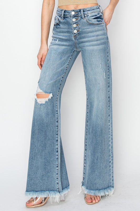 Mazie RISEN Mid Rise Button Fly Wide Leg Jeans