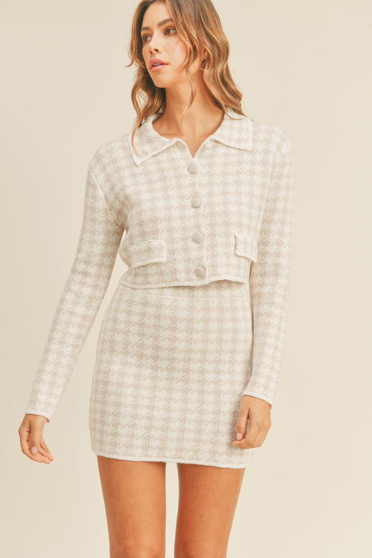 Reagan Houndstooth Cropped Knit Cardigan and Mini Skirt Set