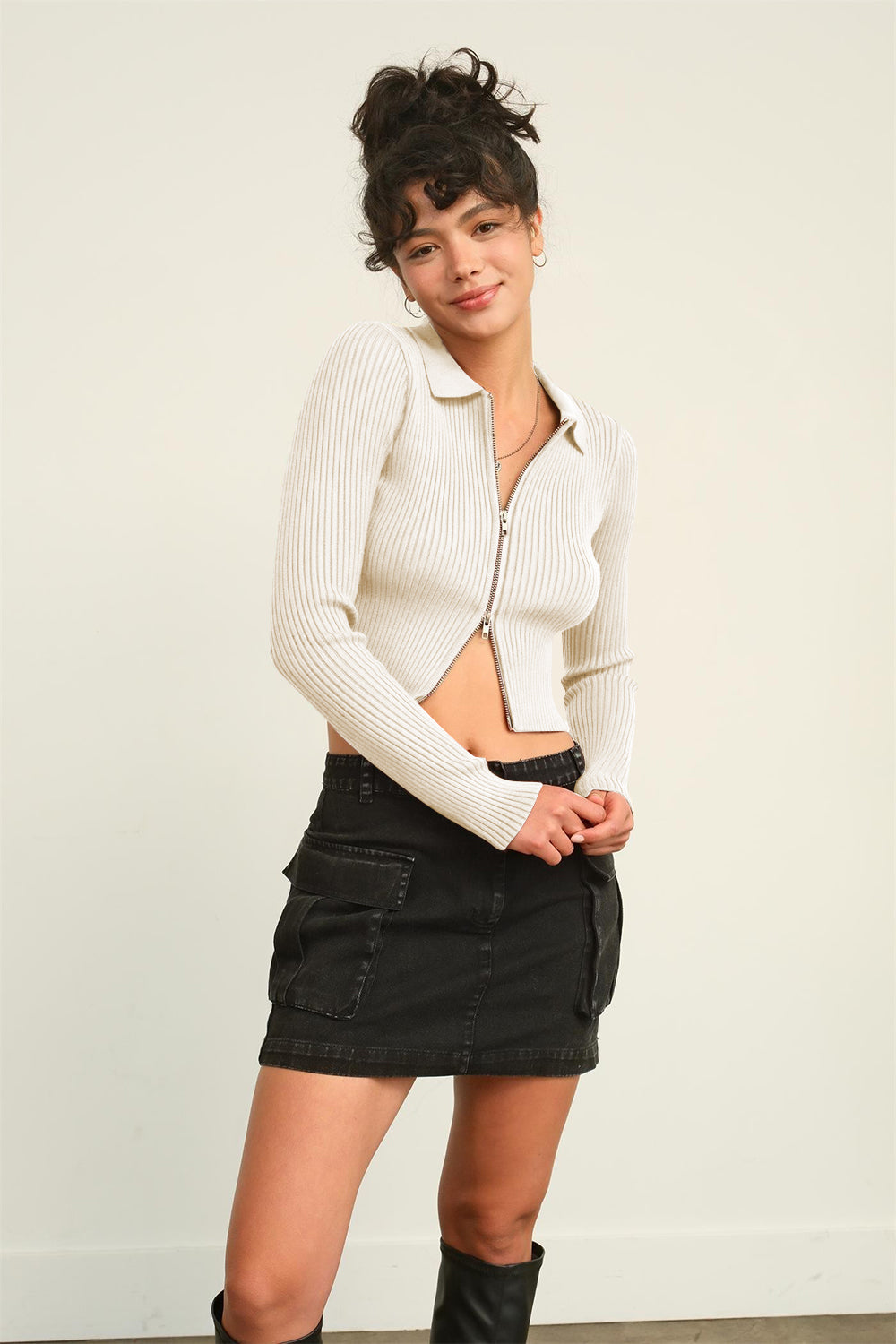 Brylee Ribbed Double Zip Cropped Cardigan