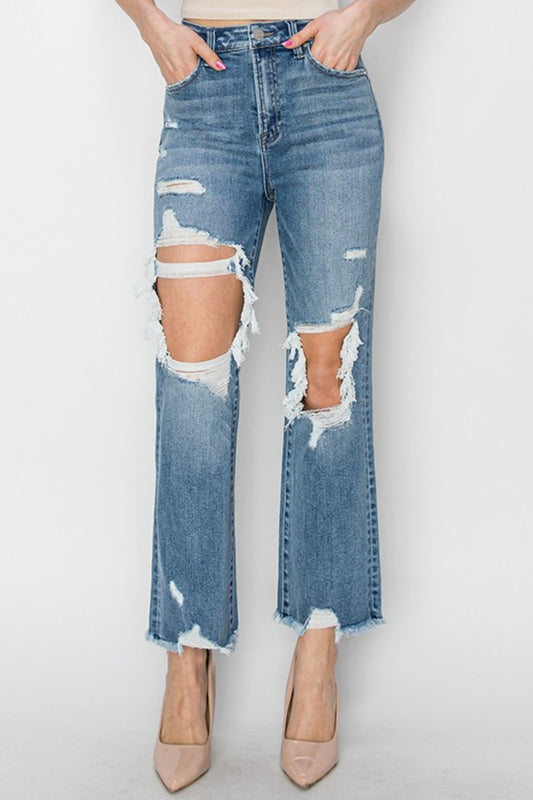 Tisha RISEN High Rise Distressed Crop Straight Jeans